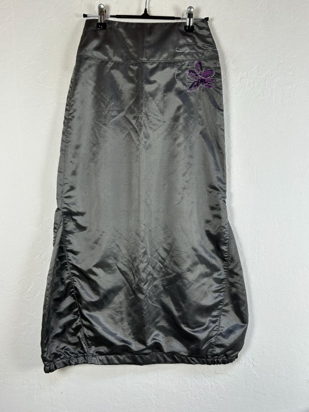 Kenzo Jungle Womens Black Floral Embroidered Satin Midi Skirt Size 12 Side Slit